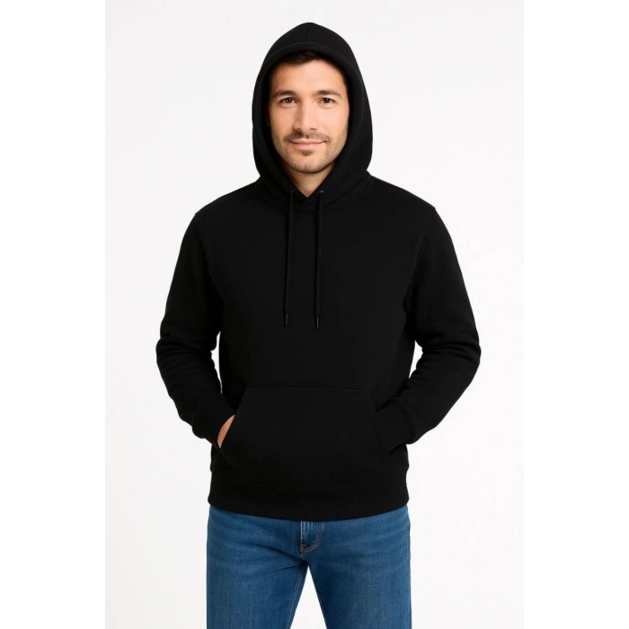 Erkek 3 İplik Pamuklu Kapüşonlu Kanguru Cepli SweatShirt hoodie - Siyah