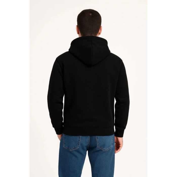 Erkek 3 İplik Pamuklu Kapüşonlu Kanguru Cepli SweatShirt hoodie - Siyah