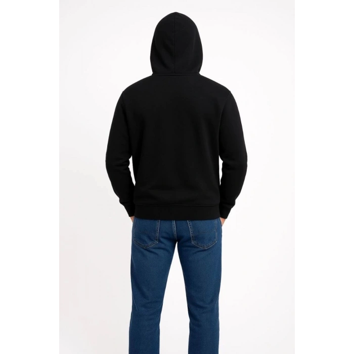 Erkek 3 İplik Pamuklu Kapüşonlu Kanguru Cepli SweatShirt hoodie - Siyah