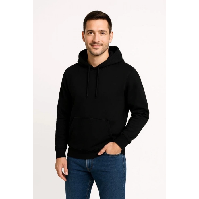 Erkek 3 İplik Pamuklu Kapüşonlu Kanguru Cepli SweatShirt hoodie - Siyah