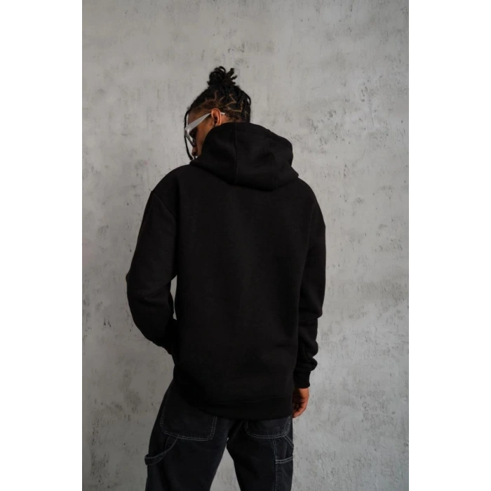 Erkek 3 İplik Pamuklu Kapüşonlu Kanguru Cepli Sweatshirt Hoodie -  Siyah