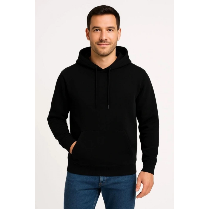Erkek 3 İplik Pamuklu Kapüşonlu Kanguru Cepli SweatShirt hoodie - Siyah