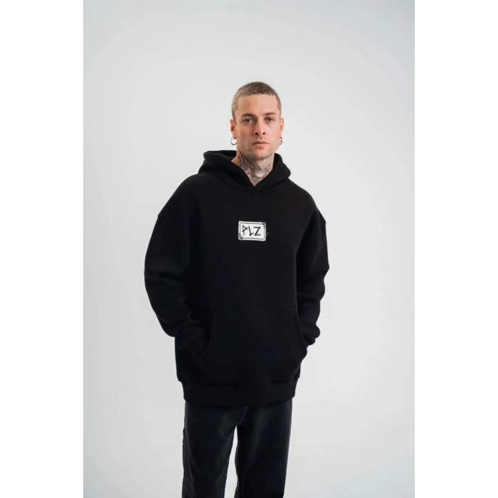 ERKEK 3 İplik Pamuklu Kapüşonlu Patchli Nakışlı Hoodie SweatShirt - Siyah