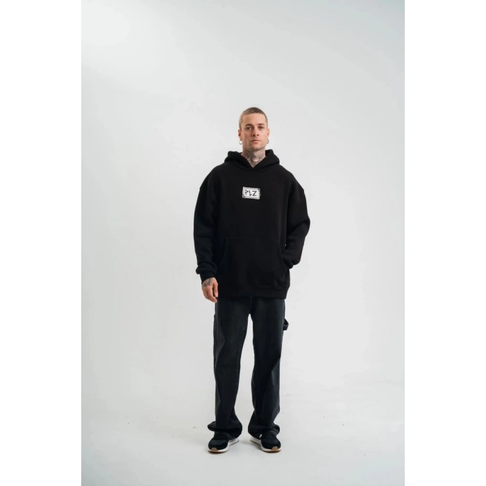 ERKEK 3 İplik Pamuklu Kapüşonlu Patchli Nakışlı Hoodie SweatShirt - Siyah