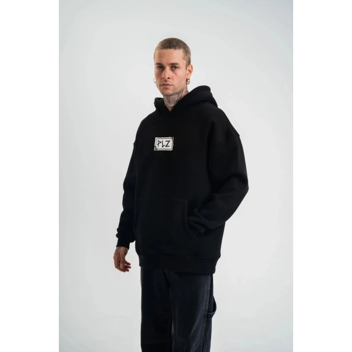 ERKEK 3 İplik Pamuklu Kapüşonlu Patchli Nakışlı Hoodie SweatShirt - Siyah