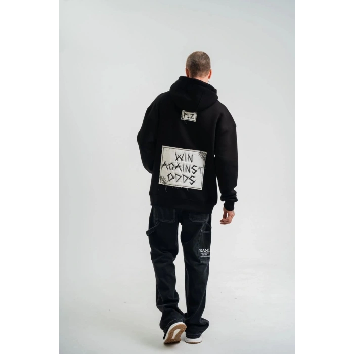 ERKEK 3 İplik Pamuklu Kapüşonlu Patchli Nakışlı Hoodie SweatShirt - Siyah