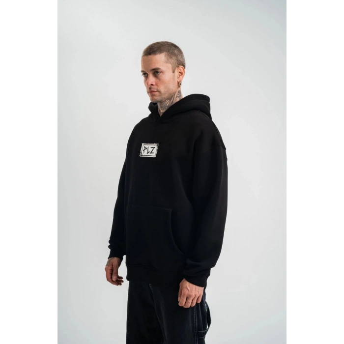 ERKEK 3 İplik Pamuklu Kapüşonlu Patchli Nakışlı Hoodie SweatShirt - Siyah