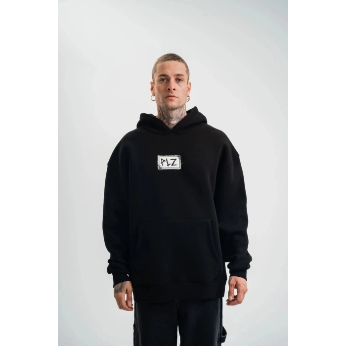 ERKEK 3 İplik Pamuklu Kapüşonlu Patchli Nakışlı Hoodie SweatShirt - Siyah