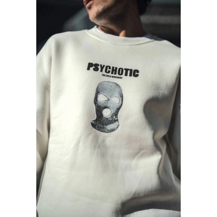 Erkek 3 iplik pamuklu Kışlık Bisiklet Yaka Baskılı SweatShirt - Beyaz