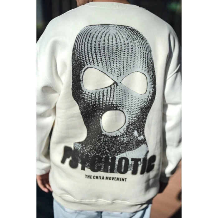 Erkek 3 iplik pamuklu Kışlık Bisiklet Yaka Baskılı SweatShirt - Beyaz