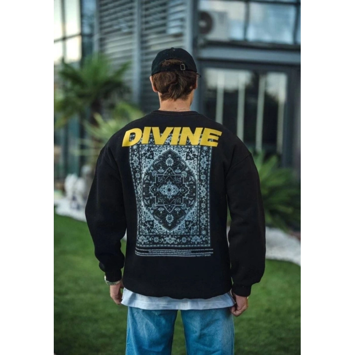 Erkek 3 iplik pamuklu Kışlık Bisiklet Yaka Baskılı SweatShirt - Siyah