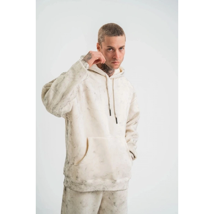 ERKEK  3 iplik Pamuklu Oversize Kapşonlu Yıkamalı SweatShirt Hoodie - Krem