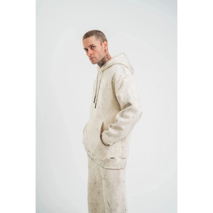 ERKEK  3 iplik Pamuklu Oversize Kapşonlu Yıkamalı SweatShirt Hoodie - Krem