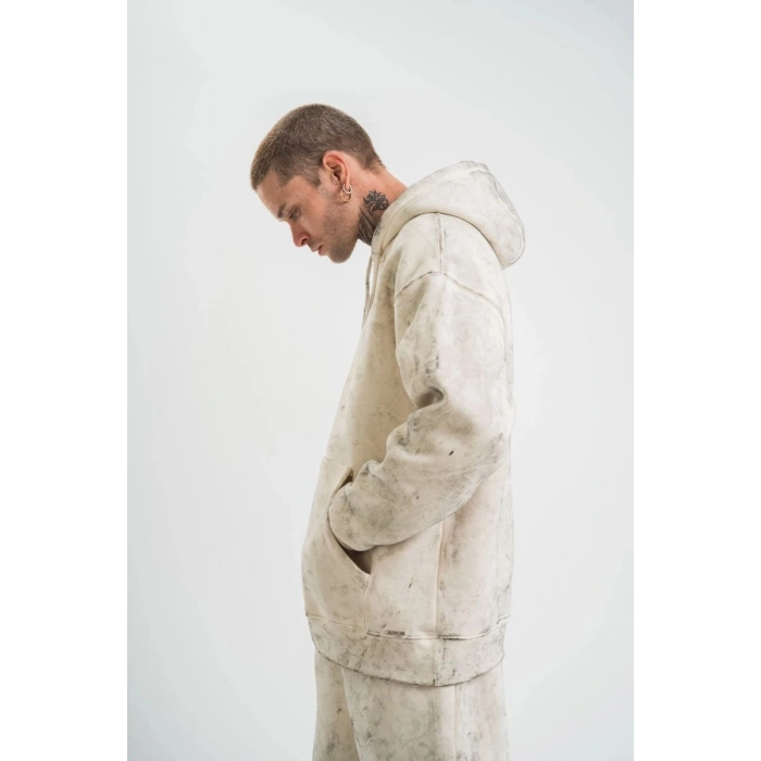 ERKEK  3 iplik Pamuklu Oversize Kapşonlu Yıkamalı SweatShirt Hoodie - Krem
