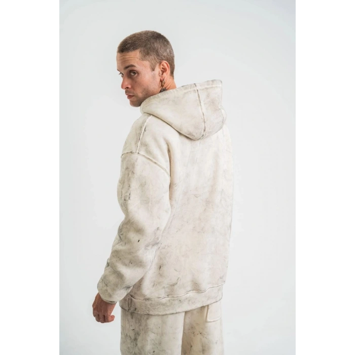 ERKEK  3 iplik Pamuklu Oversize Kapşonlu Yıkamalı SweatShirt Hoodie - Krem