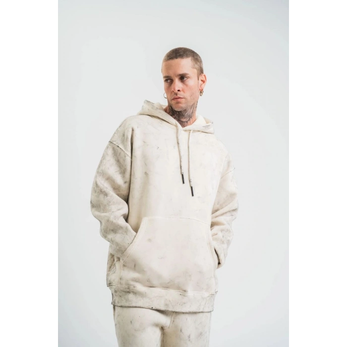 ERKEK  3 iplik Pamuklu Oversize Kapşonlu Yıkamalı SweatShirt Hoodie - Krem