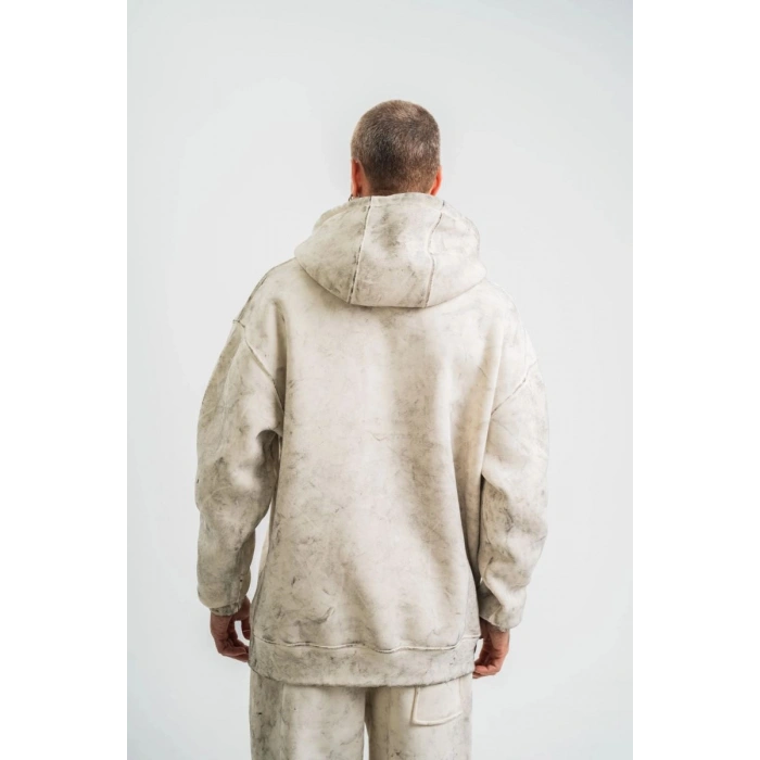 ERKEK  3 iplik Pamuklu Oversize Kapşonlu Yıkamalı SweatShirt Hoodie - Krem