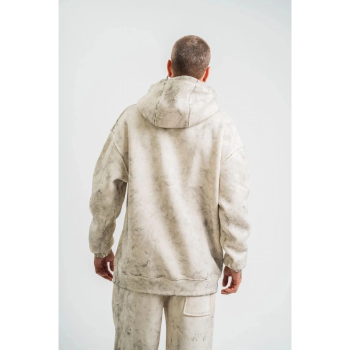 ERKEK  3 iplik Pamuklu Oversize Kapşonlu Yıkamalı SweatShirt Hoodie - Krem