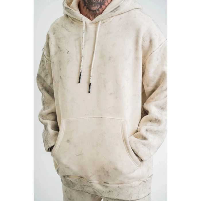 ERKEK  3 iplik Pamuklu Oversize Kapşonlu Yıkamalı SweatShirt Hoodie - Krem