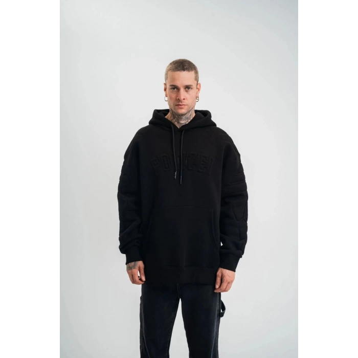 Erkek 3 İplik Pamuklu Oversize Kapüşonlu Nakışlı Hoodie SweatShirt - Siyah