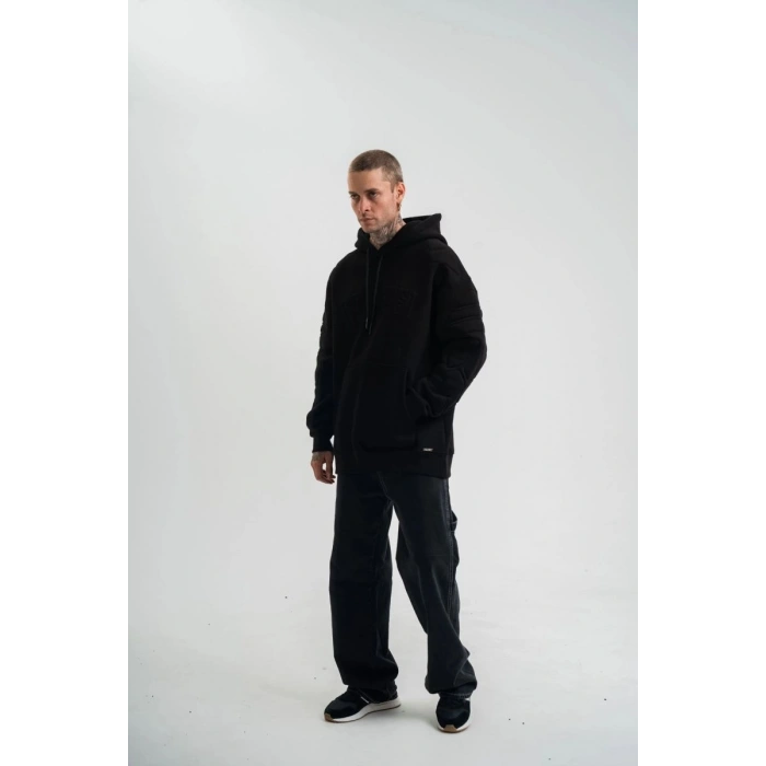 Erkek 3 İplik Pamuklu Oversize Kapüşonlu Nakışlı Hoodie SweatShirt - Siyah