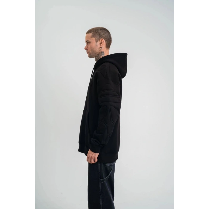 Erkek 3 İplik Pamuklu Oversize Kapüşonlu Nakışlı Hoodie SweatShirt - Siyah