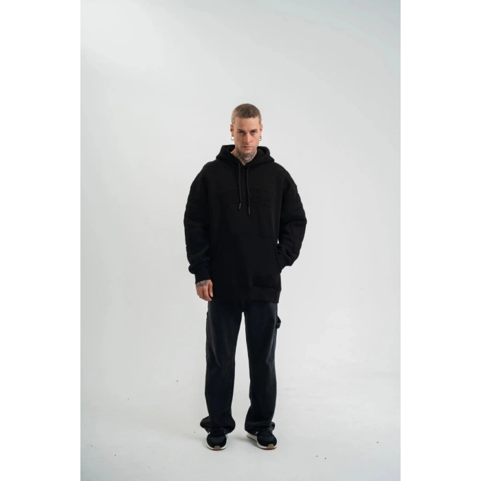 Erkek 3 İplik Pamuklu Oversize Kapüşonlu Nakışlı Hoodie SweatShirt - Siyah
