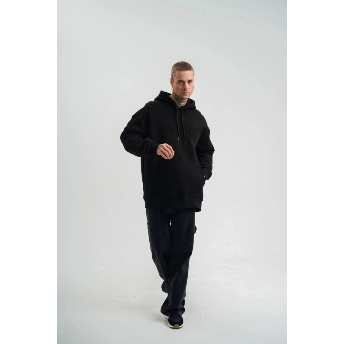 Erkek 3 İplik Pamuklu Oversize Kapüşonlu Nakışlı Hoodie SweatShirt - Siyah