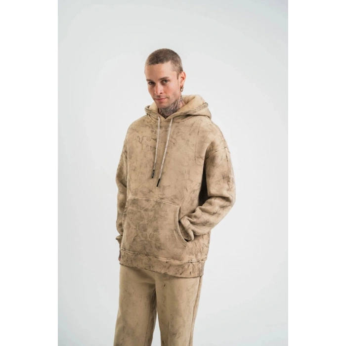 ERKEK 3 iplik Pamuklu Oversize Kapüşonlu Yıkamalı Hoodie SweatShirt - Bej