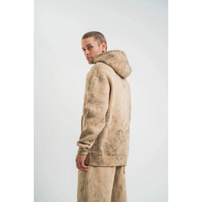 ERKEK 3 iplik Pamuklu Oversize Kapüşonlu Yıkamalı Hoodie SweatShirt - Bej