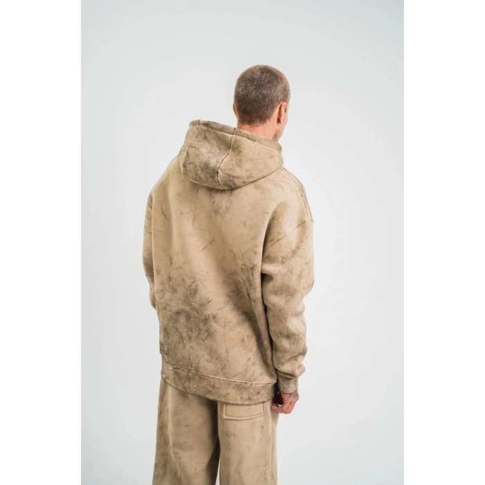 ERKEK 3 iplik Pamuklu Oversize Kapüşonlu Yıkamalı Hoodie SweatShirt - Bej