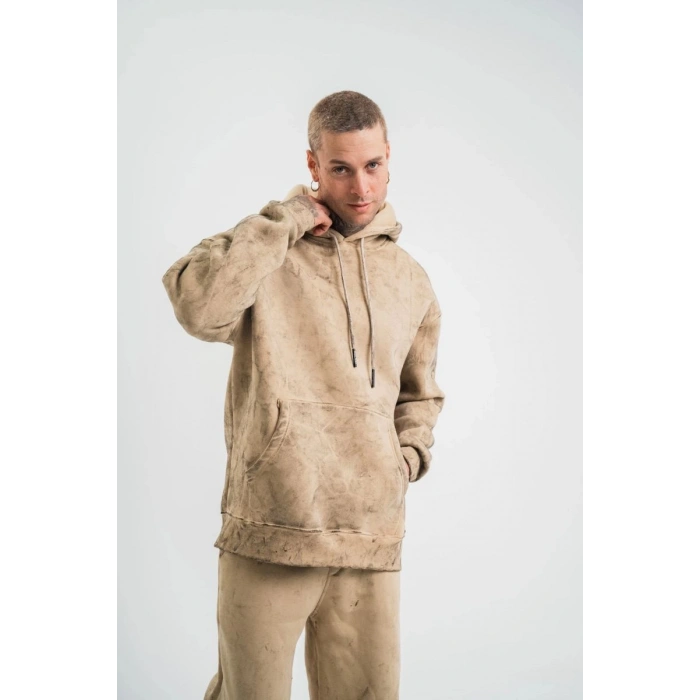 ERKEK 3 iplik Pamuklu Oversize Kapüşonlu Yıkamalı Hoodie SweatShirt - Bej
