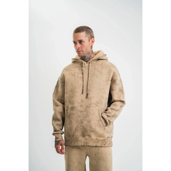 ERKEK 3 iplik Pamuklu Oversize Kapüşonlu Yıkamalı Hoodie SweatShirt - Bej