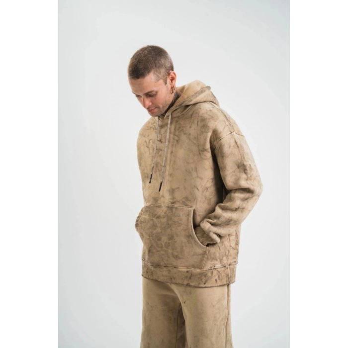 ERKEK 3 iplik Pamuklu Oversize Kapüşonlu Yıkamalı Hoodie SweatShirt - Bej