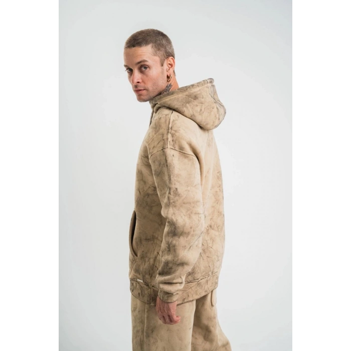 ERKEK 3 iplik Pamuklu Oversize Kapüşonlu Yıkamalı Hoodie SweatShirt - Bej