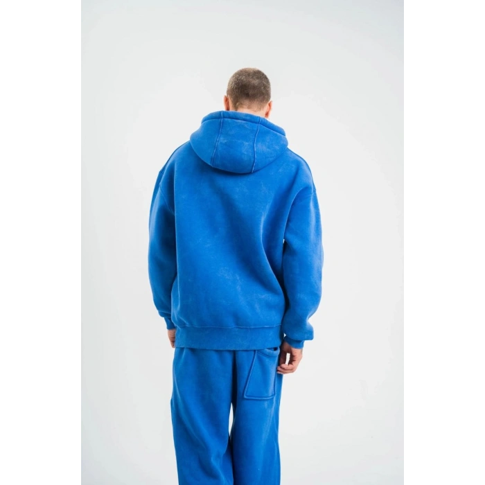 ERKEK 3 İplik Pamuklu Oversize Kapüşonlu Yıkamalı Hoodie SweatShirt - Mavi