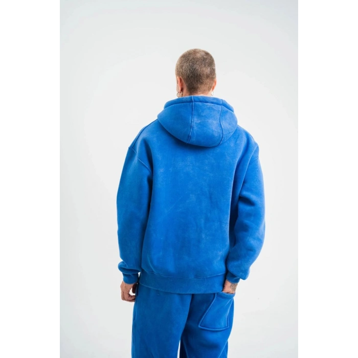 ERKEK 3 İplik Pamuklu Oversize Kapüşonlu Yıkamalı Hoodie SweatShirt - Mavi