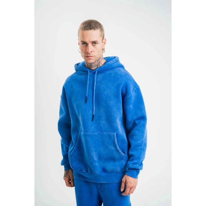 ERKEK 3 İplik Pamuklu Oversize Kapüşonlu Yıkamalı Hoodie SweatShirt - Mavi