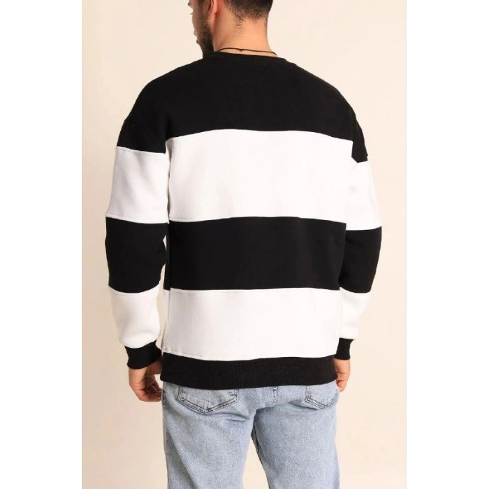 Erkek 3 iplik pamuklu Parçalı Bisiklet Yaka SweatShirt - Siyah