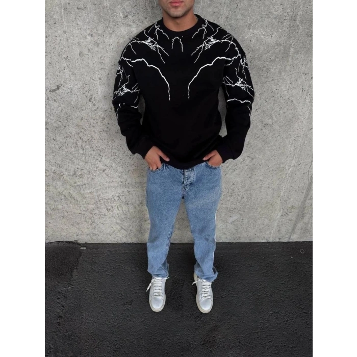 Erkek 3 iplik pamuklu Yıldırım Baskılı Bisiklet Yaka SweatShirt - Siyah