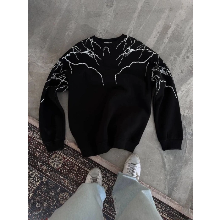 Erkek 3 iplik pamuklu Yıldırım Baskılı Bisiklet Yaka SweatShirt - Siyah