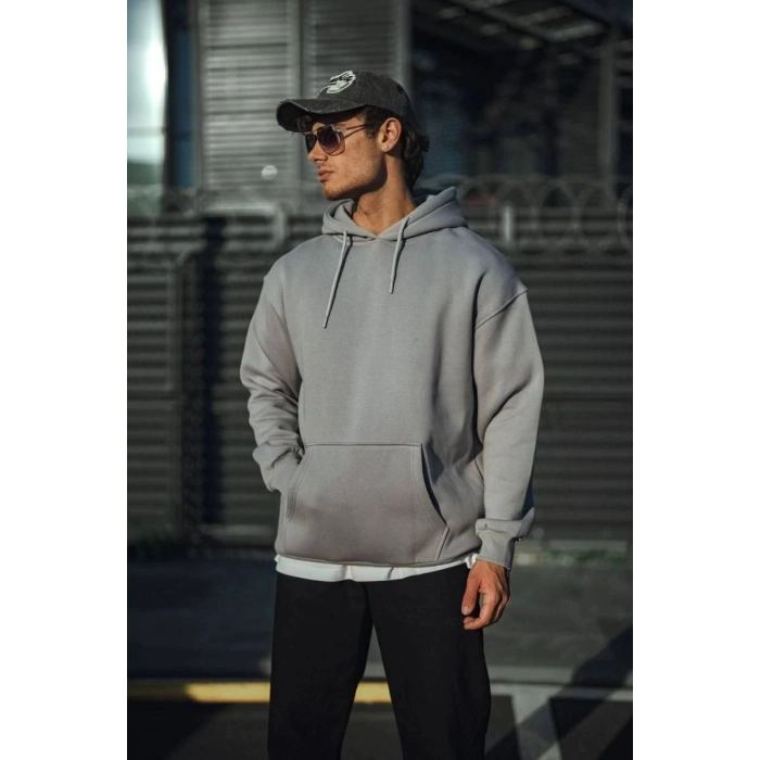 Erkek 3 İplik Penye Kapüşonlu Basic SweatShirt Hoodie - Boyalı Gri
