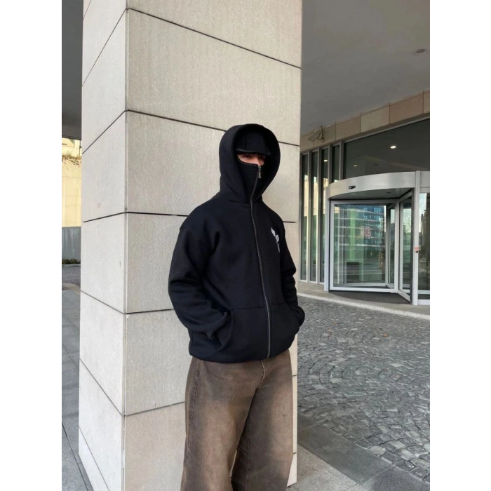 Erkek 3 iplik Samuray kapüşonlu ZIP Fermuarlı SweatShirt Hoodie - Siyah