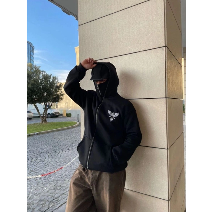 Erkek 3 iplik Samuray kapüşonlu ZIP Fermuarlı SweatShirt Hoodie - Siyah