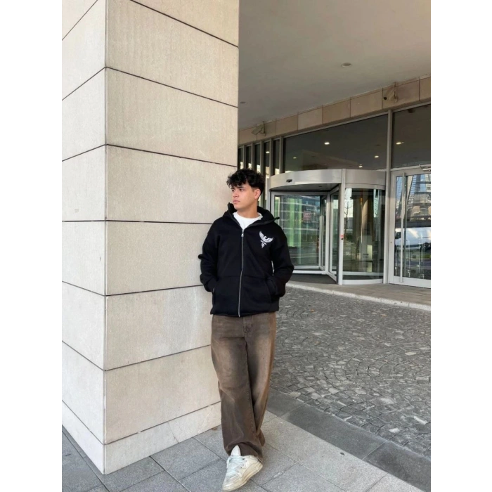 Erkek 3 iplik Samuray kapüşonlu ZIP Fermuarlı SweatShirt Hoodie - Siyah