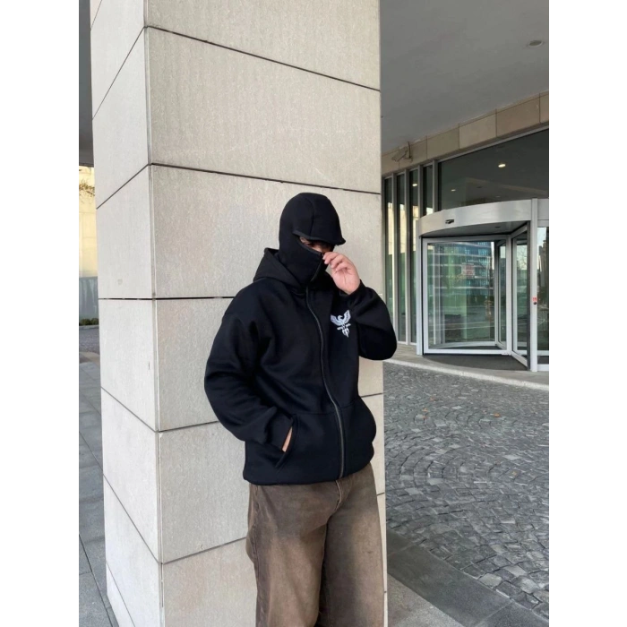 Erkek 3 iplik Samuray kapüşonlu ZIP Fermuarlı SweatShirt Hoodie - Siyah