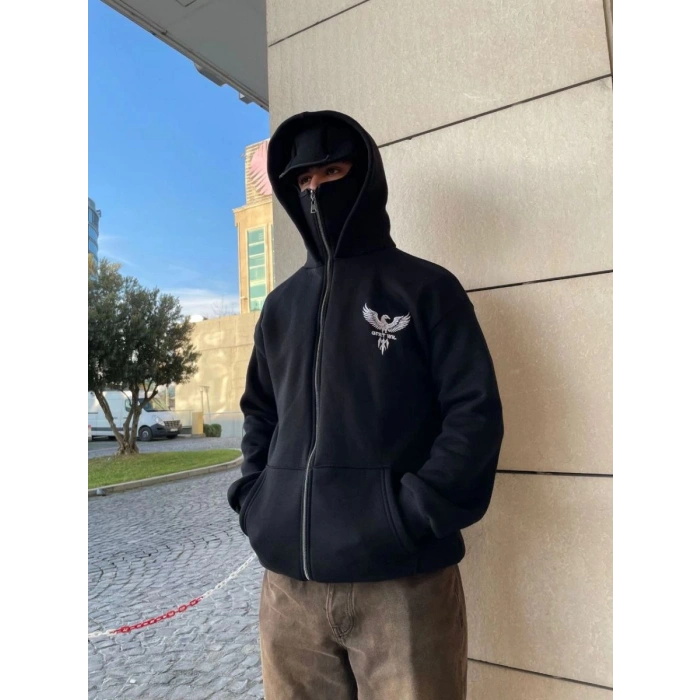 Erkek 3 iplik Samuray kapüşonlu ZIP Fermuarlı SweatShirt Hoodie - Siyah
