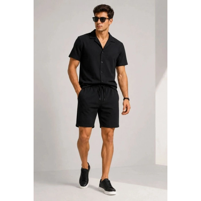 Erkek 3’lü Krep Kumaş Cepli Gömlek Şort Takım Kısa Kollu Bağcıklı - Siyah , Beyaz , Bej