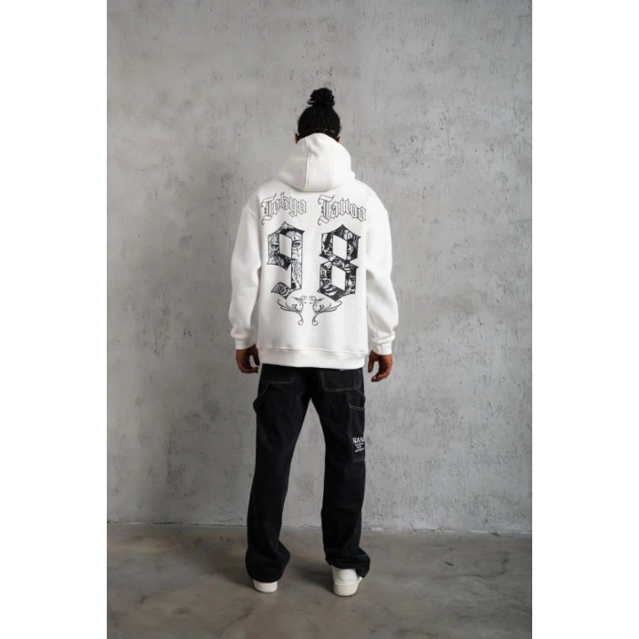 Erkek 98 Baskılı Kapşonlu 3 iplik pamuklu Sweatshirt hoodie - Beyaz