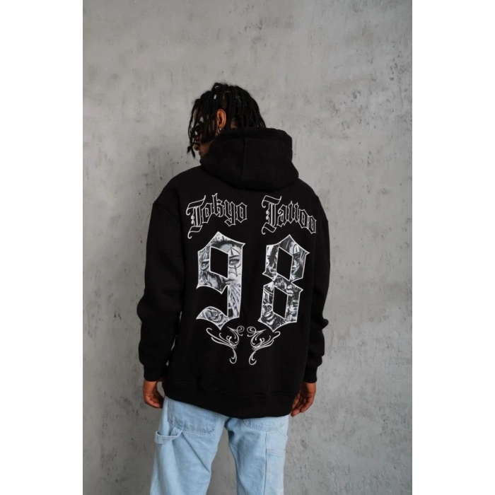 Erkek 98 Baskılı Kapüşonlu 3 iplik pamuklu hoodie Sweatshirt - Siyah